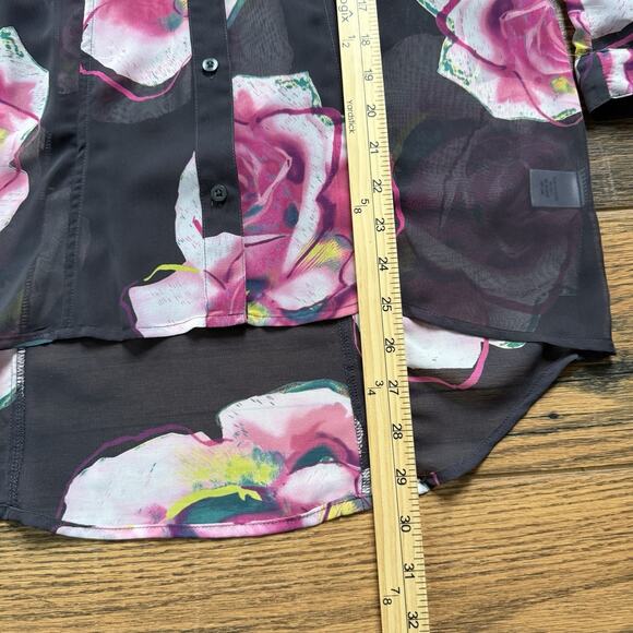 Candie’s Sheer Floral Button Up Blouse Black Pink Rose Print High Low Hem Sz S - Picture 5 of 6